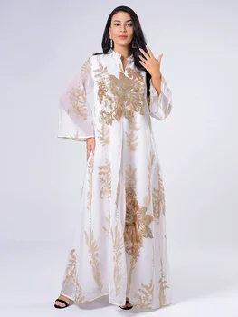 Женское платье Абайя, расшитое блестками, Марокканский кафтан, Турецкий арабский халат Джалабия, белый исламский этнический халат, новинка 2023 года, Ид Эйд