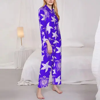 Пижама Женская Водяные черепахи Повседневная пижама Фиолетовая Морская звезда 2 предмета Повседневный Свободный Пижамный комплект С длинным рукавом Домашний костюм Оверсайз
