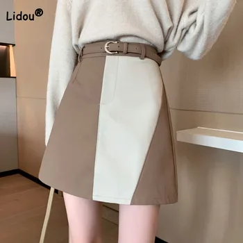 Корейская асимметричная модная кожаная юбка в стиле пэчворк трапециевидной формы, весна-осень, новые мини-юбки с высокой талией, женская одежда