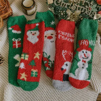 Рождественские носки 1PR из кораллового флиса, Зимние плюшевые утолщенные теплые носки для карантина, пара носков, Мужские и женские носки для сна, подарок Изображение 2
