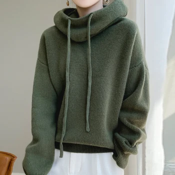 Женские свитера, Зимний Повседневный Толстый джемпер, женский пуловер с длинным рукавом и капюшоном, свободные топы большого размера, 100% шерстяной трикотаж