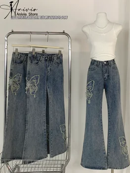 Уличная одежда Harajuku, джинсы с высокой талией с вышитой бабочкой в стиле ретро, свободные Широкие прямые Свободные джинсовые брюки Y2K, Мешковатые брюки