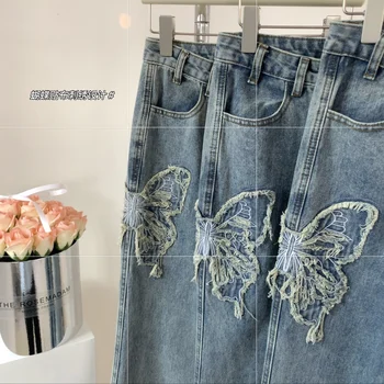 Уличная одежда Harajuku, джинсы с высокой талией с вышитой бабочкой в стиле ретро, свободные Широкие прямые Свободные джинсовые брюки Y2K, Мешковатые брюки Изображение 2