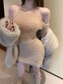 2023 Зимнее Облегающее Вечернее платье с открытыми плечами, Женское Элегантное Сексуальное мини-платье Y2k с длинным рукавом, цельное платье в Корейском стиле