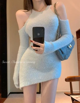 2023 Зимнее Облегающее Вечернее платье с открытыми плечами, Женское Элегантное Сексуальное мини-платье Y2k с длинным рукавом, цельное платье в Корейском стиле Изображение 2