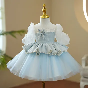 Новое небесно-голубое платье для маленькой девочки На день рождения, Платье для крестин, Прозрачные слои фатина, жемчуг, пышные рождественские платья