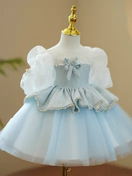 Новое небесно-голубое платье для маленькой девочки На день рождения, Платье для крестин, Прозрачные слои фатина, жемчуг, пышные рождественские платья Изображение 2