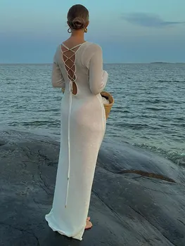 Женское сексуальное однотонное вязаное платье на шнуровке с открытой спиной, модные Макси-платья с круглым вырезом и длинным рукавом 2023, Элегантные женские уличные халаты. Изображение 2