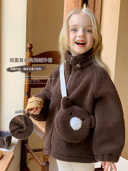 Плюшевое пальто с медведем для маленьких девочек, парки из шерсти ягненка с героями мультфильмов, осенне-зимние пальто, меховые куртки для девочек, милая теплая зимняя куртка