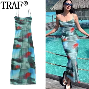 TRAF 2023 Женское платье-комбинация с галстуком-краской, женское облегающее сетчатое платье без рукавов, женские летние длинные платья с открытой спиной для женщин