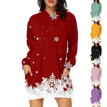 Легкая женская повседневная длинная толстовка с капюшоном с рождественским принтом, женские толстовки на молнии, женский пуловер, платье-толстовка с капюшоном