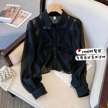 Дизайнерская прозрачная черная рубашка Женская Весна 2023, новый стиль, топ с коротким рукавом