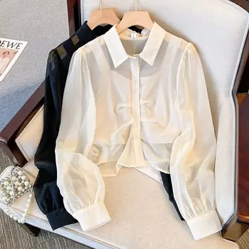 Дизайнерская прозрачная черная рубашка Женская Весна 2023, новый стиль, топ с коротким рукавом Изображение 2