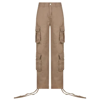 Винтажные брюки-карго с множеством карманов на пуговицах, модная уличная одежда, широкие брюки с завязками и высокой талией, прямые брюки, комбинезон, леди