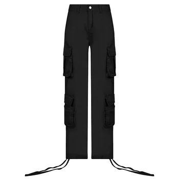 Винтажные брюки-карго с множеством карманов на пуговицах, модная уличная одежда, широкие брюки с завязками и высокой талией, прямые брюки, комбинезон, леди Изображение 2