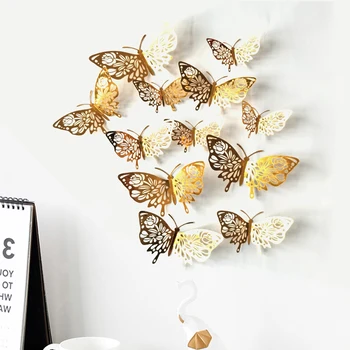 12шт 3D Наклейки На Стену Полые Розовое Золото/Золотая/Серебряная Бабочка Наклейки На Стену DIY Art Home Decor Наклейки На Стены Свадебные Украшения