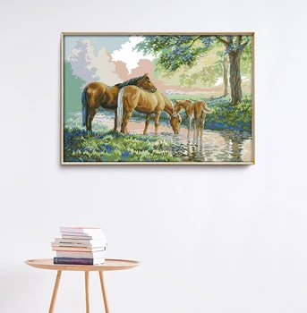 Подвесная картина для спальни с пейзажем из трех лошадей, вышитая крестиком, ручная вышивка 11 карат/ 14 карат Изображение 2