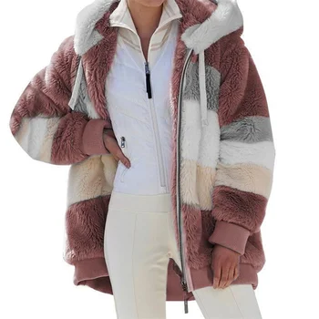 Зимняя женская одежда, женское пальто на молнии с капюшоном, женское пальто, модная повседневная клетчатая плюшевая женская куртка, новинка, горячая распродажа Изображение 2
