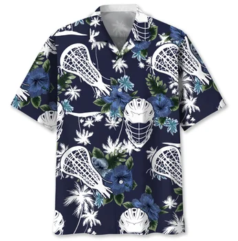 Гавайские рубашки для мужчин с принтом в стиле лакросса, Пляжные Летние повседневные топы на пуговицах с коротким рукавом, 3D рубашки