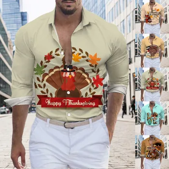 Мужские осенние и зимние товары на День Благодарения, праздничная одежда с принтом индейки, Корейская мода, Модные рубашки, Топы, мужская одежда