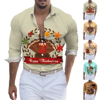 Мужские осенние и зимние товары на День Благодарения, праздничная одежда с принтом индейки, Корейская мода, Модные рубашки, Топы, мужская одежда Изображение 2