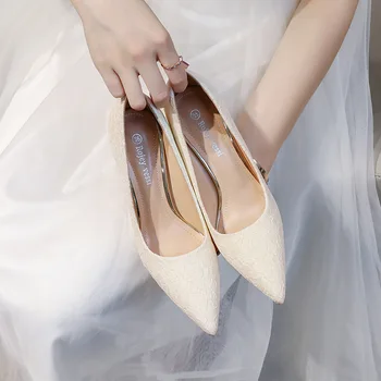 Свадебные туфли, красные кружевные туфли для подружки невесты на высоком каблуке, сексуальные женские туфли-лодочки на тонких каблуках с острым носком, повседневное платье, вечерние туфли-лодочки, Белые, большие Размеры 34-43 Изображение 2