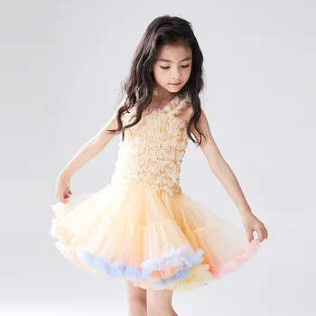 Платье с цветочным узором для девочек, детские кружевные платья с оборками, многослойное платье-пачка из тюля для девочек Изображение 2