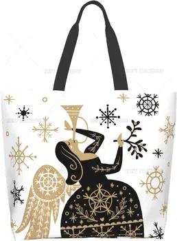 Рождественская сумка с черными и золотыми снежинками, большие многоразовые экологичные сумки для покупок, портативная сумка для хранения в супермаркете.