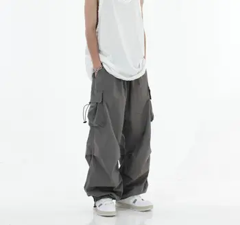 Черные мужские брюки, брюки Оверсайз, высокие уличные модные прямые мужские шаровары с карманами, мужские брюки Harajuku Изображение 2