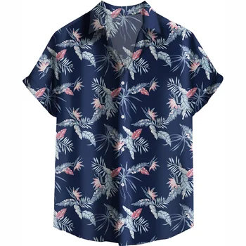 Гавайская рубашка для мужчин с 3D принтом Тропического растения Пальмы, короткие рукава, Пляжная Летняя Повседневная блузка на пуговицах, Уличная одежда