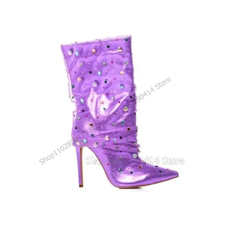 Фиолетово-Серые Разноцветные Ботинки с острым носком с украшением в виде кристаллов; Женская обувь без застежки до середины Икры На Тонком Высоком каблуке; Новинка 2023 года; Zapatos Para Mujere