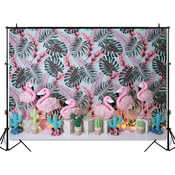 Летний Фон для фотосъемки Дня Рождения Фламинго, баннер для фотосъемки новорожденных детей с тропическим Зеленым Сливовым тортом Изображение 2