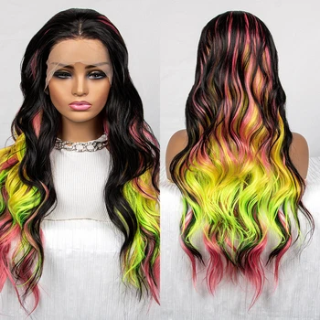 Разноцветный синтетический волнистый парик 13x3 с кружевной волнистостью спереди, красочный градиентный парик
