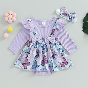 BeQeuewll/ Платье-ползунки для маленьких девочек, трикотажные юбки в рубчик с принтом, комбинезоны, одежда для новорожденных, детские боди с повязкой на голову