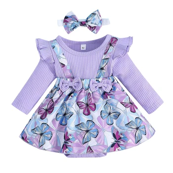 BeQeuewll/ Платье-ползунки для маленьких девочек, трикотажные юбки в рубчик с принтом, комбинезоны, одежда для новорожденных, детские боди с повязкой на голову Изображение 2