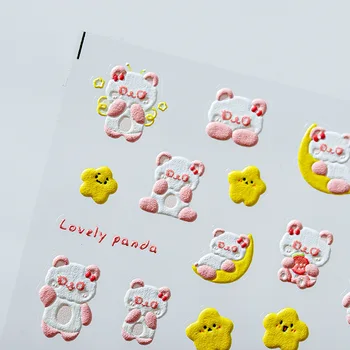 Мультяшная Розовая Панда, Милый Летающий Медведь, 5D Мягкие Рельефы с тиснением, наклейки для украшения ногтей, 3D Самоклеящиеся наклейки для ногтей Оптом