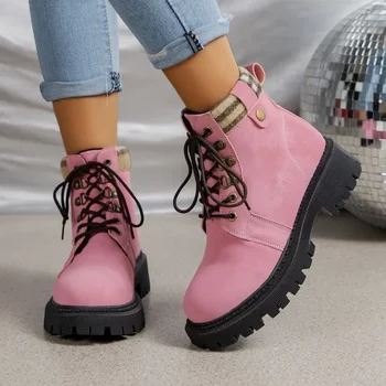 Женские ботинки в британском стиле 2023, Зимние розовые ботинки, нескользящие мотоциклетные ботинки на толстой подошве с высоким берцем, Модные женские туфли большого размера