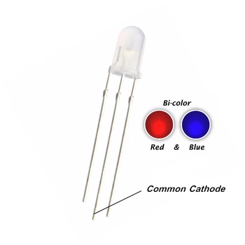 100ШТ 5 мм красный и синий двухцветный светодиод с общим катодом, рассеянный F5 КРАСНЫЙ + СИНИЙ R + B Изображение 2