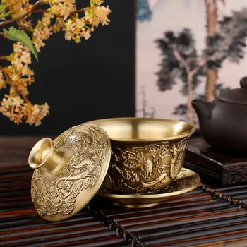 Чайная чаша с драконом Фениксом из чистой латуни, украшение для гостиной, китайский классический чайный сервиз