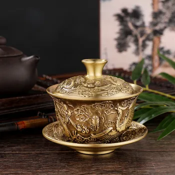 Чайная чаша с драконом Фениксом из чистой латуни, украшение для гостиной, китайский классический чайный сервиз Изображение 2