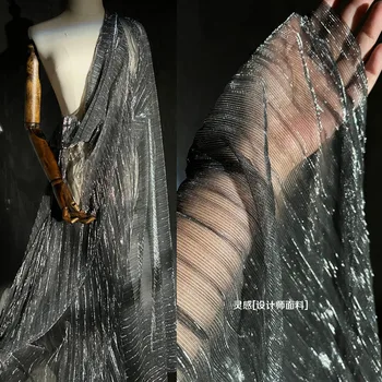 Плиссированная яркая сетчатая ткань, Серая перспективная вспышка для одежды Hanfu, дизайнерская ткань для шитья одежды своими руками, полиэстер, серебристый материал
