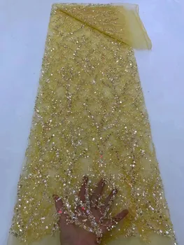 Модная Африканская кружевная ткань с бисером 2023, Высококачественное кружево, Нигерийские Сетчатые кружевные ткани с пайетками для пошива свадебного платья, 5 ярдов Изображение 2