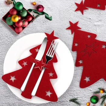 Рождественский держатель для ножей и вилок 5ШТ, карманная сумка для столовых приборов в виде Рождественской елки, органайзер для посуды из нетканого материала, декор стола