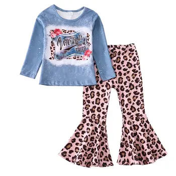 Комплекты для девочек с леопардовыми расклешенными брюками для девочек оптом Изображение 2