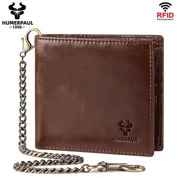 HUMERPAUL мужской кошелек из натуральной кожи RFID для защиты держателя кредитной карты с 2 идентификатор окна тонкий мужской цепочки передний карман дег сумки Изображение 2