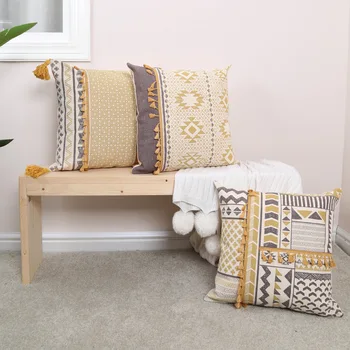 Хлопковый чехол для подушки с принтом 45x45 см, Желто-серый, Марокканские Геометрические кисточки, Украшение для дома в стиле ретро, Наволочка для дивана, Диван-кровать