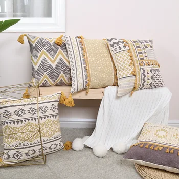 Хлопковый чехол для подушки с принтом 45x45 см, Желто-серый, Марокканские Геометрические кисточки, Украшение для дома в стиле ретро, Наволочка для дивана, Диван-кровать Изображение 2