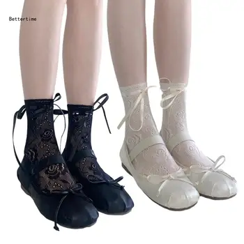 B36D женские кружевные носки с бантом, кружевные носки с вырезами, дышащие носки с рисунком розы, носки принцессы для женщин