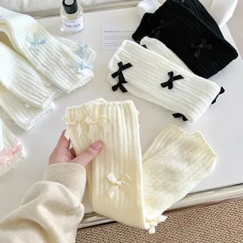 Японские носки для девочек JK Lolita с бантом, вязаные кружевные носки с ворсом, японские гетры Y2K с бантом, аксессуары Изображение 2