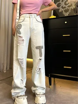 Рваные джинсы с ромбовидными буквами в стиле тяжелой промышленности, летние женские Новые Свободные прямые брюки с высокой талией и широкими штанинами
